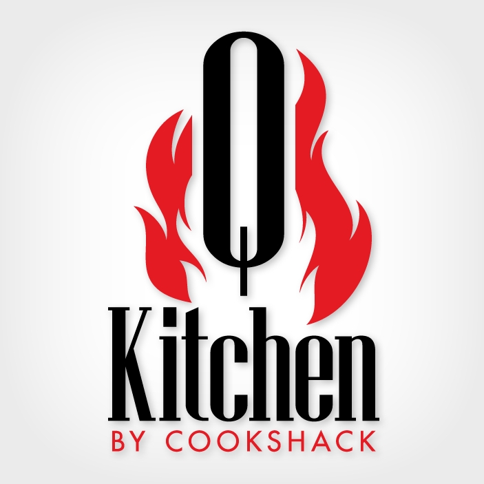 Logo design for Q Kitchen by Cookshack. A vertical logo with an elongated Q in black at the top. There are red flames on  both sides of the Q. Kitchen is below the flames and Q and is written in a black serif font. Under Kitchen, By Cookshack is written i