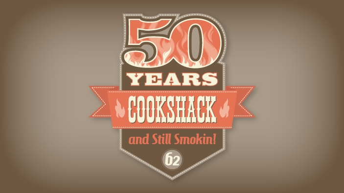 Logo/icon design celebrating Cookshack's 50th anniversary. Icon is a squared badge and banner, topped with a flaming number 50 and the text Cookshack 50 Years and Still Smokin.