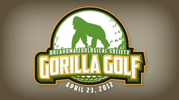 Gorilla Golf logo design featuring a walking gorilla in profile silhouetted in green against a large golf ball. Oklahoma Zoological Society Gorilla Golf April 23, 2012 is written in heavy dimensional white and gold text with green highlights.
