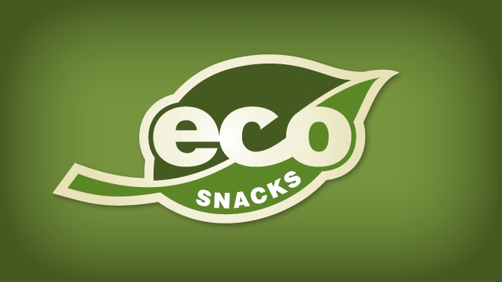 Logo design for Eco Snacks featuring a two toned, green leaf with the word Eco across it and with Snacks running across the bottom.